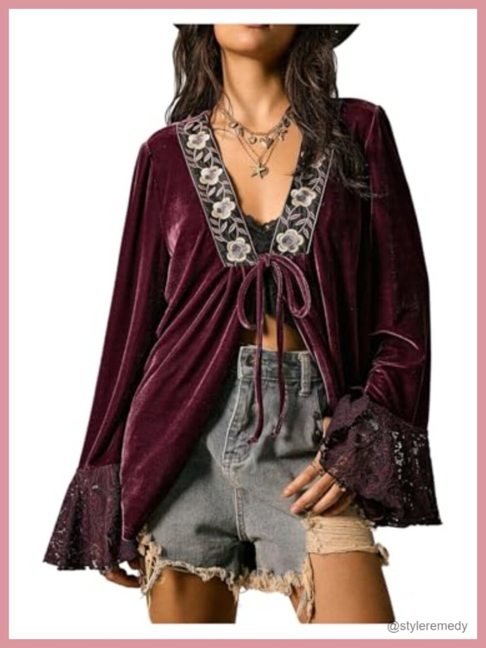 Women's Lace Long Sleeve Velvet Blouse Tie Front Boho Top